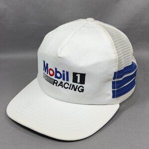 Vtg Mobil 1 Racing Snapback Hat 3 Stripe Oil Motorsports Trucker Mesh USA Mens